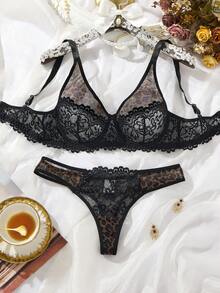 Daily Black Leopard Print Lace Trim Women's Lingerie Set, Comfortable Home Style Super Short Top + Triangle Panty 2-Piece Set - Black - View 1