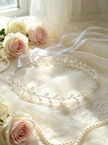 1pc Women's Elegant Minimalist Floral Beaded Headband, Small Flower Rice Bead Soft Chain Bridal Hair Accessory, Suitable For Dressing Up And Photography - Silver - View 2
