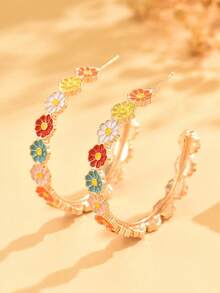 1 Pair European And American Vintage Fashion Elegant C-Shaped Hoop Earrings With Fresh Colorful Daisy Studs - Multicolor - View 3