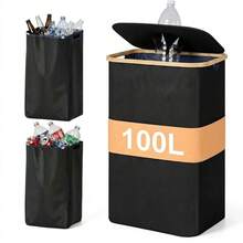 Recycling Bin For Kitchen 26 Gallon / 100L, Large Recycle Bin With Hands-Free Lid & 2 Reusable Liner Bags, Tall Collapsible Waterproof Storage Can For Plastic Bottles, Cans, Glass, Indoor Home - Black - View 2