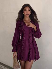 Rusttydustty Women's Vintage Ruffle Tie V-Neck Long Sleeve Short Dress - Purple - View 6