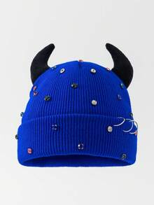 1pc Men's Fashion Solid Color Devil Horn Rhinestone Metal Ring Beanie Knit Hat, Warm For Autumn/Winter, Suitable For Daily Wear And Outfits - A - View 4