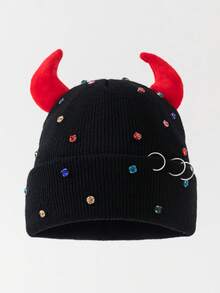 1pc Men's Fashion Solid Color Devil Horn Rhinestone Metal Ring Beanie Knit Hat, Warm For Autumn/Winter, Suitable For Daily Wear And Outfits - A - View 10