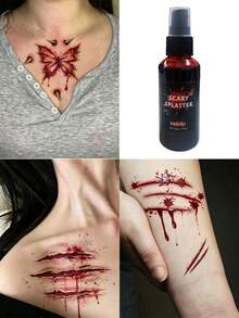 STARTTOOS Halloween Makeup Prank Party Blood Spray Tattoo Ink Non-Drip Fake Blood + Halloween Red Scar Stitching Blood Hole Pattern Tattoo Sticker Set - Multicolor - View 7