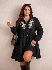 Rusttydustty Women's Plus Size Black Floral Embroidered Casual Daily Commute Dress - Black - View 2