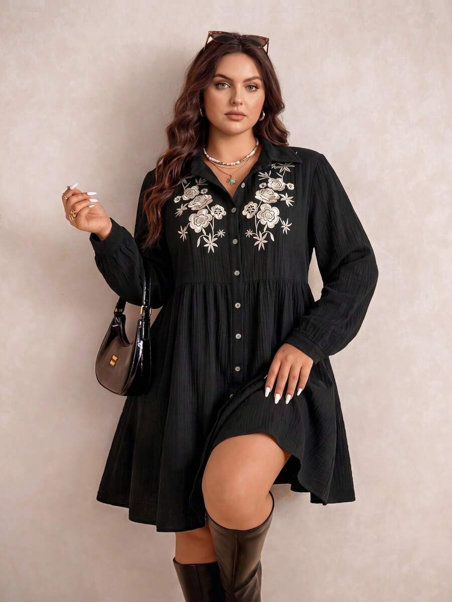 Rusttydustty Women's Plus Size Black Floral Embroidered Casual Daily Commute Dress - Black - View 1