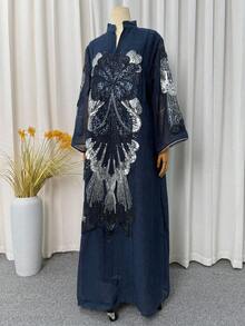 亮片刺繡 Abaya 長裙，立領長袖保守風 Kaftan，杜拜奢華穆斯林長袍，適用於開齋節、齋月、婚禮派對 - 藏蓝色 - 查看 6