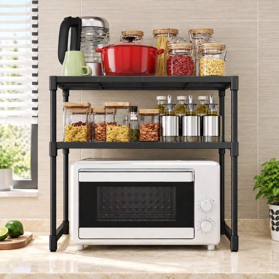 Estantería de Cocina de 2 Niveles para Encimera, Organizador Negro con Espacio Inferior para Horno Compacto