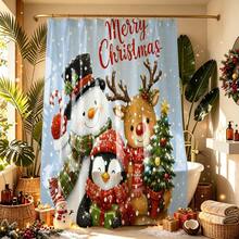 1pc Christmas Snowman & Reindeer Pattern Shower Curtain, Vintage Design, Waterproof, Suitable For Bathtub Partition, Bathroom Decor And Accessories, Christmas Decoration, Home Decor Gift, Includes 12 Hooks - Multicolor - View 5