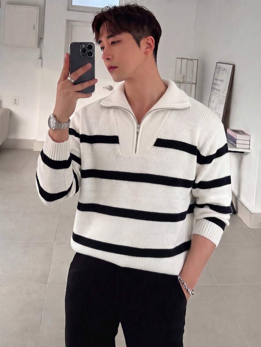 1pc Boys' Korean Style Versatile Striped Colorblock Polo Collar Sweater, Spring/Autumn/Winter - Black and White - View 1