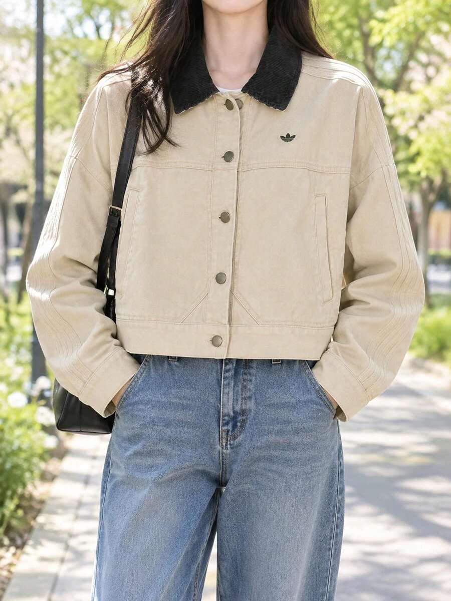Adidas Originals 女款運動夾克 P ESS TT 休閒拼接色翻領帆布短夾克 KE1069 - 灰石卡其棕 - 查看 1
