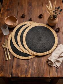 1pc/4pcs/6pcs 15-Inch Black Round Woven Placemats, Round PP Woven Placemats, Wide Paper Edge, Washable, Wipeable, Easy To Clean, Heat Resistant, Suitable For Holiday Parties, Indoor And Outdoor Daily Use - Black - View 6