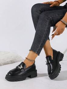 Women's Wedge Heel Thick Sole Loafers Plus Size 2026 Spring/Autumn New British Style Fashion Slip-On Leather Shoes - Black - View 2