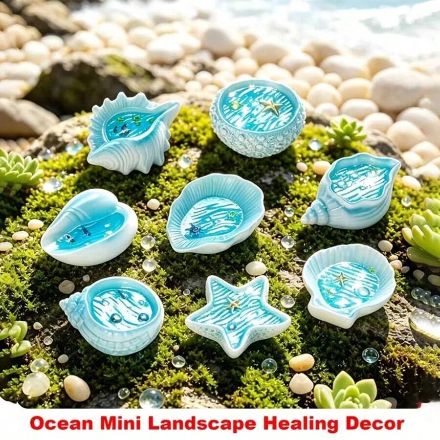 8Pcs Mini Ocean Shell & Starfish Resin Ornaments, Blue Sea Conch Figurine, Micro Landscape Decor For Fairy Garden, Terrarium, Bonsai, Aquarium DIY Craft - Miniature Landscape - View 1