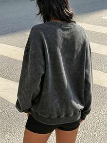 Women's Vintage Washed Crew Neck Sweatshirt, Printed With "Tokyo Japan" Letters, Suitable For Autumn/Winter - Black - View 9
