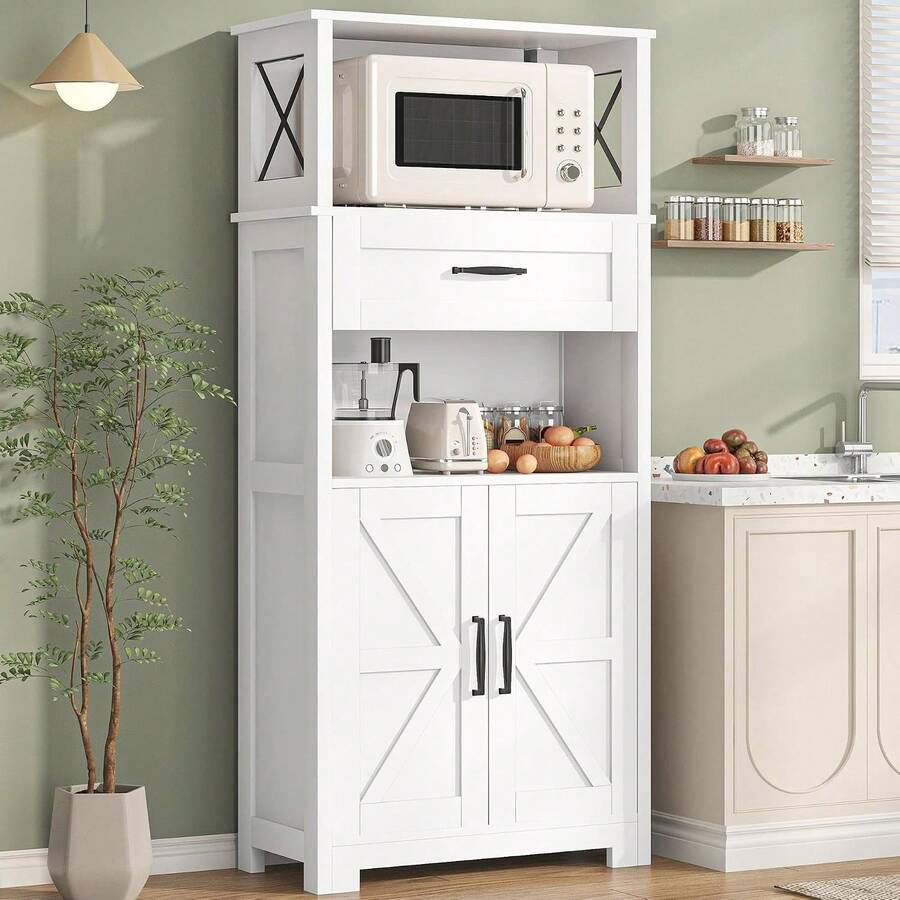 Despensa de Cocina de 55 Pulgadas de Alto, Gabinete de Almacenamiento con Puertas, Estantes y Cajón, Estilo Rústico Granero para Cocina y Comedor, Color Blanco, Espacio para Microondas, Fácil Montaje - Blanco - Ver 1