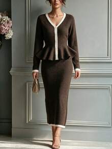 Women's French Contrast Trim Ribbed Knit Set, V Neck Peplum Cardigan & High Waist Midi Fishtail Skirt, Elegant Office Commuter Wear - Coffee Brown - View 2
