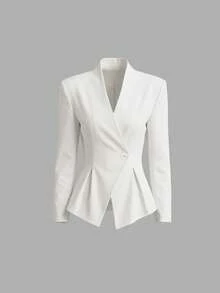 Women's Casual Daily Commute Mature Elegant Style Simple Minimalist Solid Color Small Stand-Up Collar Padded Shoulder Long Sleeve Top, Fall Winter - White - View 6