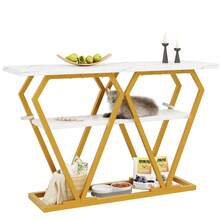 120*29.5*80cm Console Table, White Marble-Look Hallway Table With Gold Metal Legs, Narrow Entryway Table With Open Storage Shelf For Living Room, Dining Room & Balcony - White - View 7