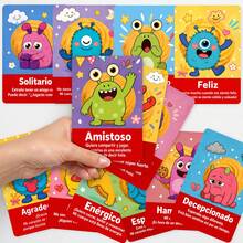 36Pcs Cute Cartoon Monster Spanish Emotion Cards, Colorful Kids Mood Expression Flashcards, Fun Spanish Vocabulary Prompt Cards For Classroom Decor, Parent-Child Interaction, Children Birthday Gift - Multicolor - View 5