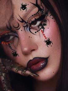 STARTTOOS 2PCS Halloween Black + Red Round & Teardrop Rhinestone Stickers With Spider, Black Cat, Spider Web Design, DIY Face & Body Decor For Halloween Makeup Party Gift - Multicolor - View 6