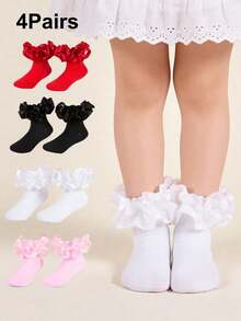 4 Pairs Lace Trim Dance Socks For Girls, Mid-To-Large Size, School Party Short Socks, Spring/Summer - Multicolor - View 11
