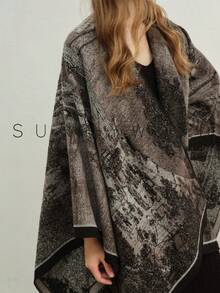1pc Women's Solid Color Polyester Warm Versatile Elegant Casual Shawl For Daily Use - Black - View 5