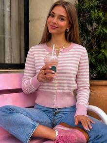 Fancy Everywear Women's Autumn/Winter Pink & White Striped Long Sleeve Button-Front Knit Cardigan, Elegant Versatile Y2K Style, Suitable For Outfits - Multicolor - View 2