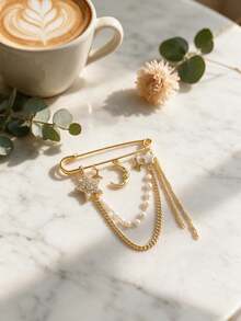 European And American Cross-Border Star And Moon Pendant Tassel Brooch, Luxury Sparkling Starburst Rhinestone Lapel Pin, Plastic Rhinestone Safety Pin, Vintage Elegant Ins Suit Accessory, Collar Decoration Brooch - Multicolor - View 4