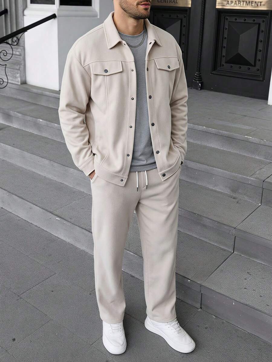 Men's Casual Shirt & Jacket Set, Beige Wool-Like Fabric, Autumn, Single-Breasted Long Sleeve Jacket And Drawstring Waist Pants Set - Apricot - View 1