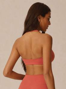 Sodalemon Women's Halter Neck Backless Thick Padded Sports Bra, Pilates Yoga Cropped Top, Running Training Gym Workout Wear - Red - View 6