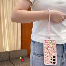 1 buah Casing Pelindung Ponsel TPU Anti-Jatuh Motif Leopard dan Elemen Bunga dengan Tali Genggam yang Dapat Dilepas, Kompatibel dengan Galaxy S26 Ultra/S25/S24/S23, A3X 4G/A60/A40, Reno7 4G, Moto G30/G20/G10, Note 13 Pro, Smart 8, A70, Seri Android Murni - Berwarna merah muda - View 6