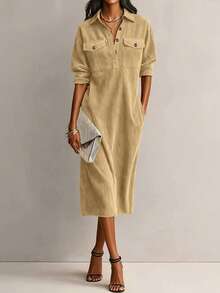 Fashionable Corduroy Women Mid-Length Dress With Lapel Design Long Sleeve Button Detail & Practical Pockets Autumn Outfit Choice - Yellow - View 2
