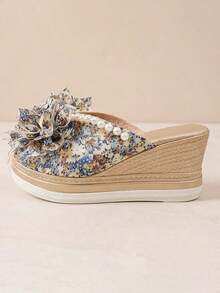Floral 3D Flower Wedge Mules For Women, Pearl Trim Open Toe Platform Slides - Multicolor - View 2