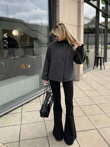 Mantel Wol Wanita Kerah Tegak Kancing Tunggal, Lengan Raglan Longgar Polos Pendek, Jaket Komuter Elegan Musim Gugur Musim Dingin - Dark Grey - View 1