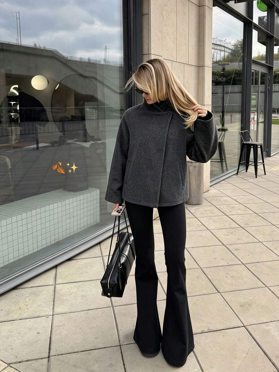 Mantel Wol Wanita Kerah Tegak Kancing Tunggal, Lengan Raglan Longgar Polos Pendek, Jaket Komuter Elegan Musim Gugur Musim Dingin - Dark Grey - View 1