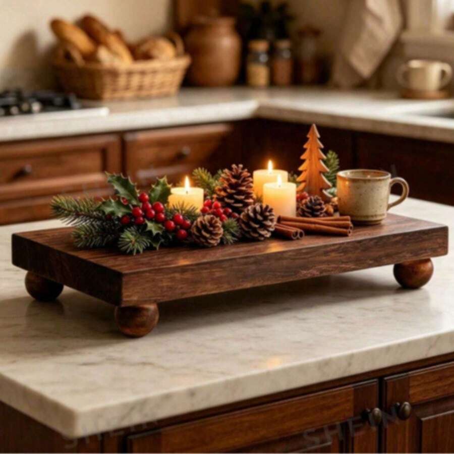 1/2pcs Wooden Base Kitchen Tray Set, Farmhouse Style Wooden Base Riser, Rustic Style Wooden Kitchen Storage Organizer, Suitable For Plants, Candles, Vase Display, Halloween Decor, Kitchen Decor, Room Decor, Bedroom Decor, Home Decor, Suitable For Yard, Birthday, Table - Multicolor - View 1