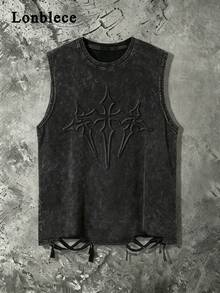 Lonblece Men's Vintage Distressed Sleeveless T-Shirt With Acid-Washed Detail, Suitable For Casual Daily Wear, Spring/Summer, Emo, 2000s Style - Black - View 1