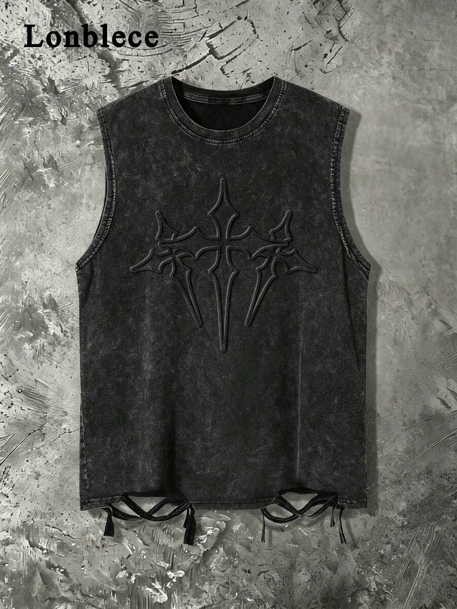 Lonblece Men's Vintage Distressed Sleeveless T-Shirt With Acid-Washed Detail, Suitable For Casual Daily Wear, Spring/Summer, Emo, 2000s Style - Black - View 1