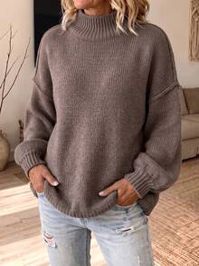 PoPoHouse Women's Autumn/Winter Loose Casual Commute Solid Color Turtleneck Long Sleeve Pullover Sweater - Brown - View 4