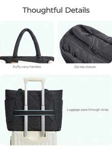 NEWHEY Tas Tote Wanita Berbahan Quilted, Tas Bahu Nilon Ringan Berbantalan, Tas Genggam Kapasitas Besar untuk Kerja, Perjalanan, dan Penggunaan Sehari-hari - Hitam - View 6