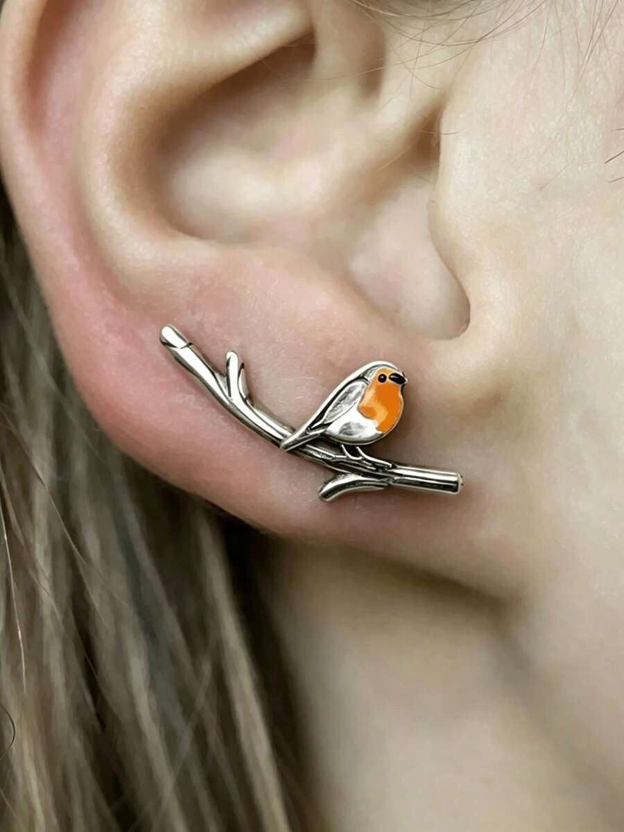 知更鳥耳釘,復古琺瑯自然風秋季度假女性飾品 - 彩色 - 查看 1