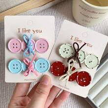 2pcs Korean Style Cute Button Hair Clips For Women, Colorful Bowknot Side Clips, Sweet Versatile Forehead Bangs Hair Clips, Daily Outing Photo Atmosphere Hair Accessories - Multicolor - View 2