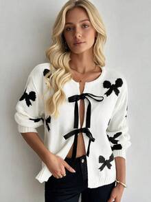 Acelitt Women's White Knit Contrast Color Bow Pattern Casual Loose Cardigan, No Button Design With Tie, Autumn/Winter Sweater - Black and White - View 2
