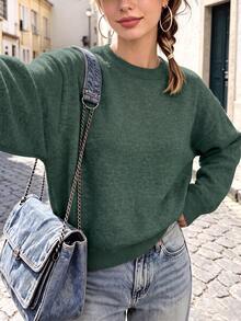 Women's Long-Sleeved Casual Top, Casual Vacation Plain-Collared Top - No Patterns, No Prints, Comfortable And Warm Knitted Imitation Sweater - Green - View 5