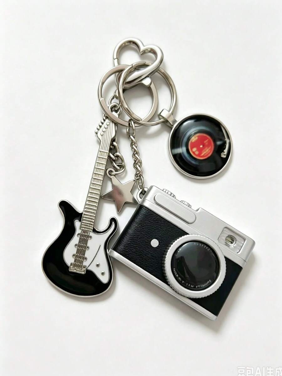 Retro Camera Guitar Vinyl Record Keychain Y2K Punk Star Metal Bag Charm Music Lover Key Ring - Multicolor - View 1