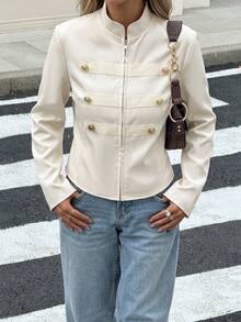 Elegant Women's White Long Sleeve Jacket, Suitable For Autumn/Winter, Perfect For Evening Dates, Daily Commute And Street Activities - Apricot Color - View 5
