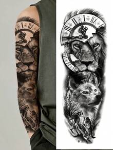 Full Arm Tattoo Sticker - Large Size Lion Wolf Clock Pattern Tattoo Sticker Holiday Gift DIY Beach Party Full Arm Leg Body Skin Waterproof Tattoo Sticker 1pc/Pack - Black - View 1