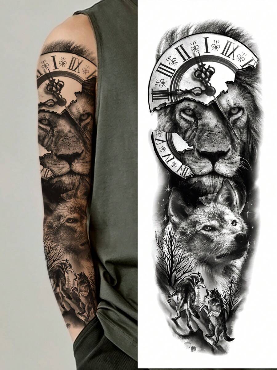 Full Arm Tattoo Sticker - Large Size Lion Wolf Clock Pattern Tattoo Sticker Holiday Gift DIY Beach Party Full Arm Leg Body Skin Waterproof Tattoo Sticker 1pc/Pack - Black - View 1
