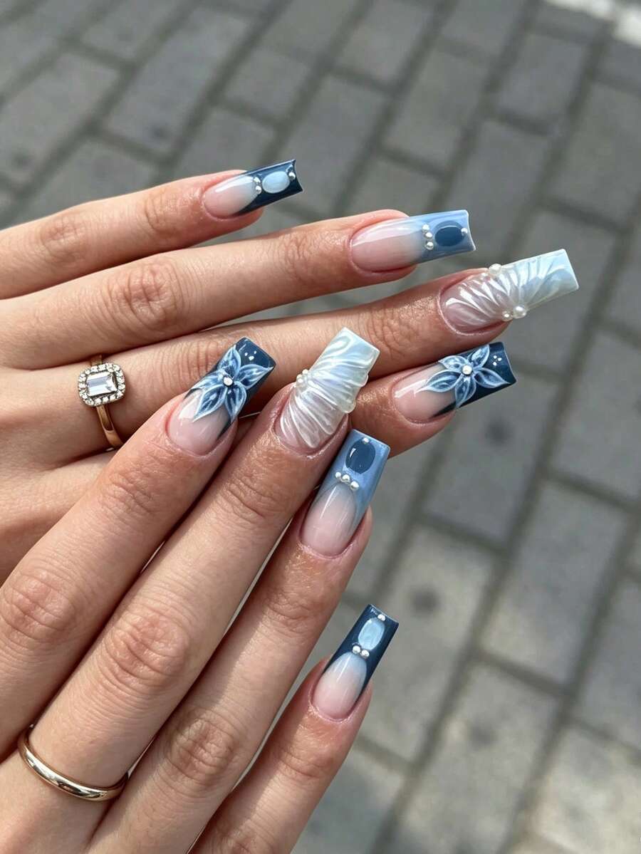 24Pcs Autumn & Winter Long Square Press On Nails Nude Pink Baby Blue French Tip White Butterfly Print 3D Ribbon Pearl Gold Bead Decor Reusable Fake Nail Set For Wedding Party - Multicolor - View 1